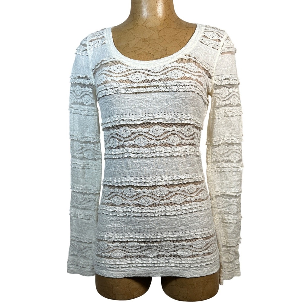 White Coquette Fitted Sheer Layering Lace Long Sleeve Scoop Neck Top Small Ivory